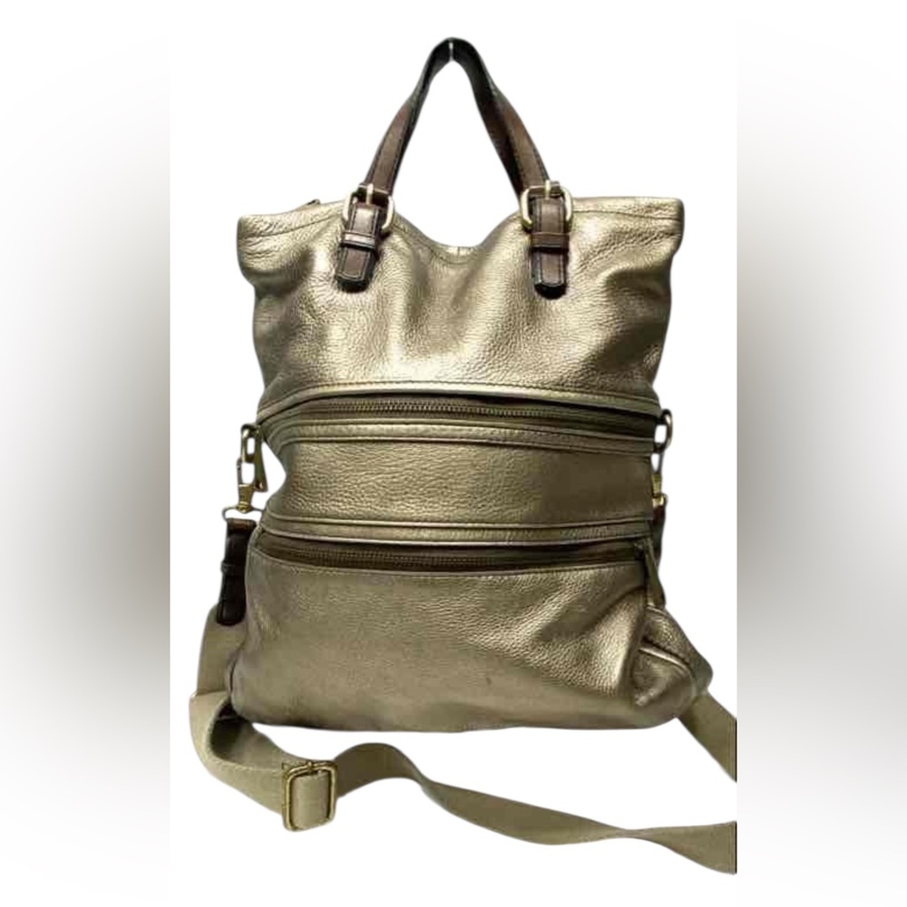 Fossil Explorer Foldover Tote Crossbody Bag Metallic Bronze Leather Large - Picture 2 of 9